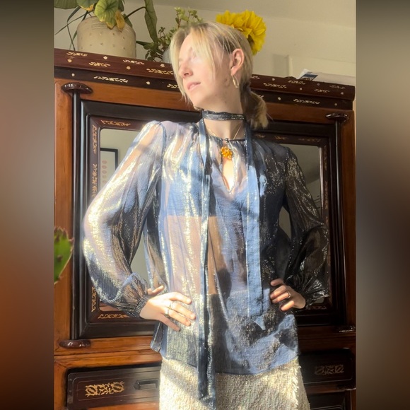 Intermix blue and gold sparkly long sleeve sheer top - Picture 2 of 3